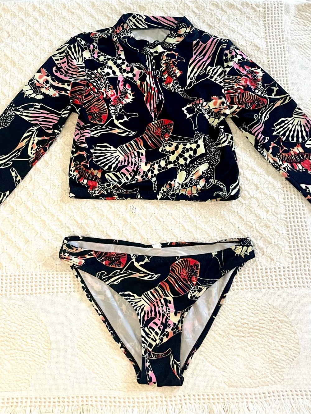 Kids Long Sleeve Rash Guard Bikini Set - Navy with Pink & Cream Print